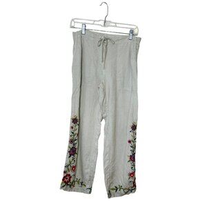 Johnny Was JW Los Angeles Linen Pants Embroidered Wide Leg Boho Sz S